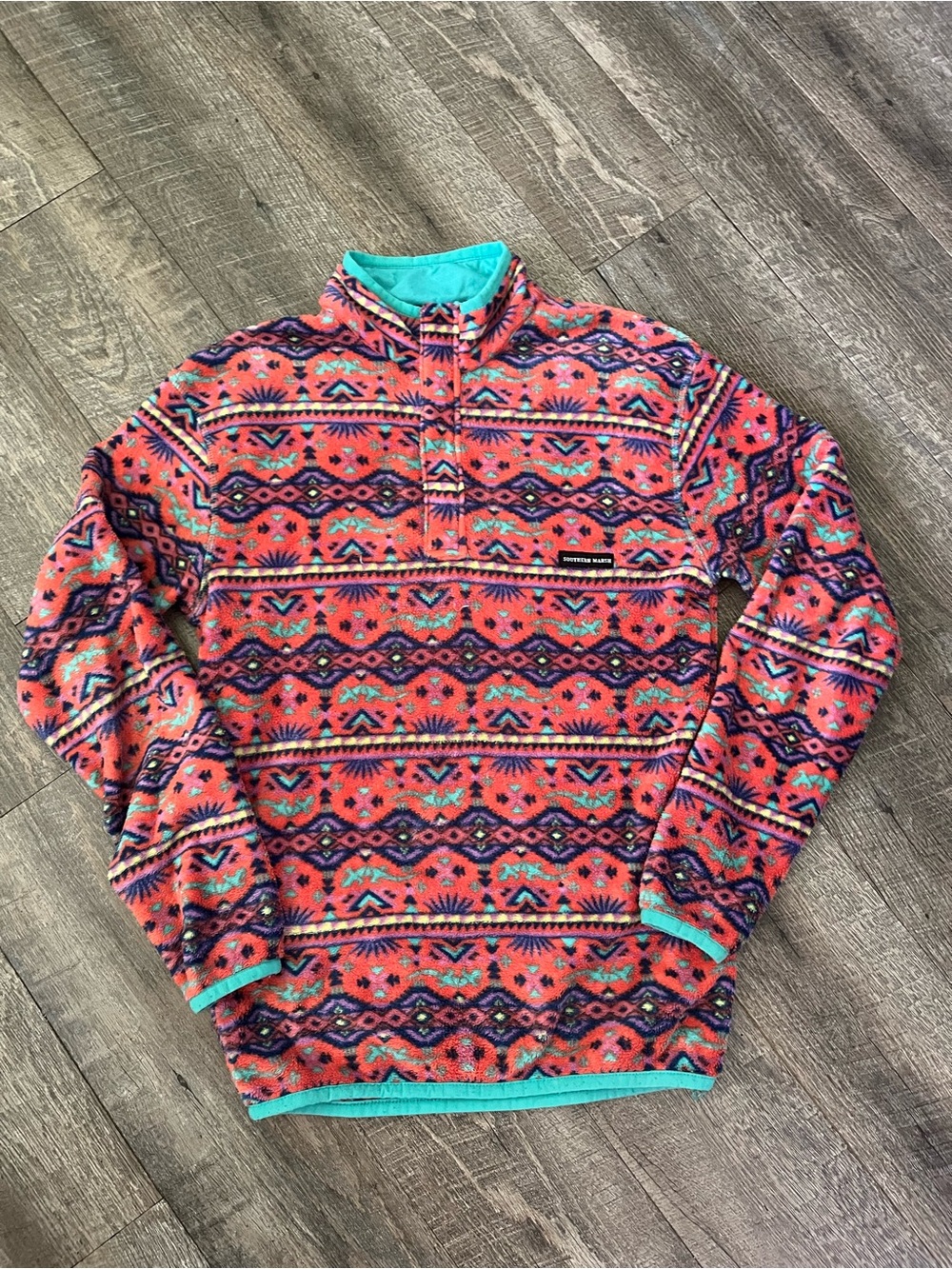 Southern Marsh Teal & Multi-Color Patterned Fleece Pullover